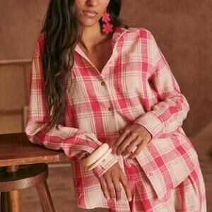 Sézane Tomboy Linen Blend Plaid Button Front Shirt Blouse, XS
